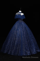 Blue Tulle Long Prom Dress with Sequins, A-Line Blue Formal Dress